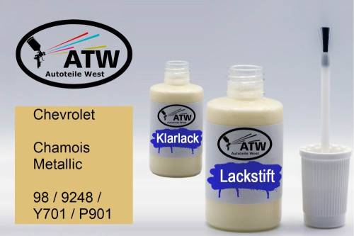 Chevrolet, Chamois Metallic, 98 / 9248 / Y701 / P901: 20ml Lackstift + 20ml Klarlack - Set, von ATW Autoteile West.